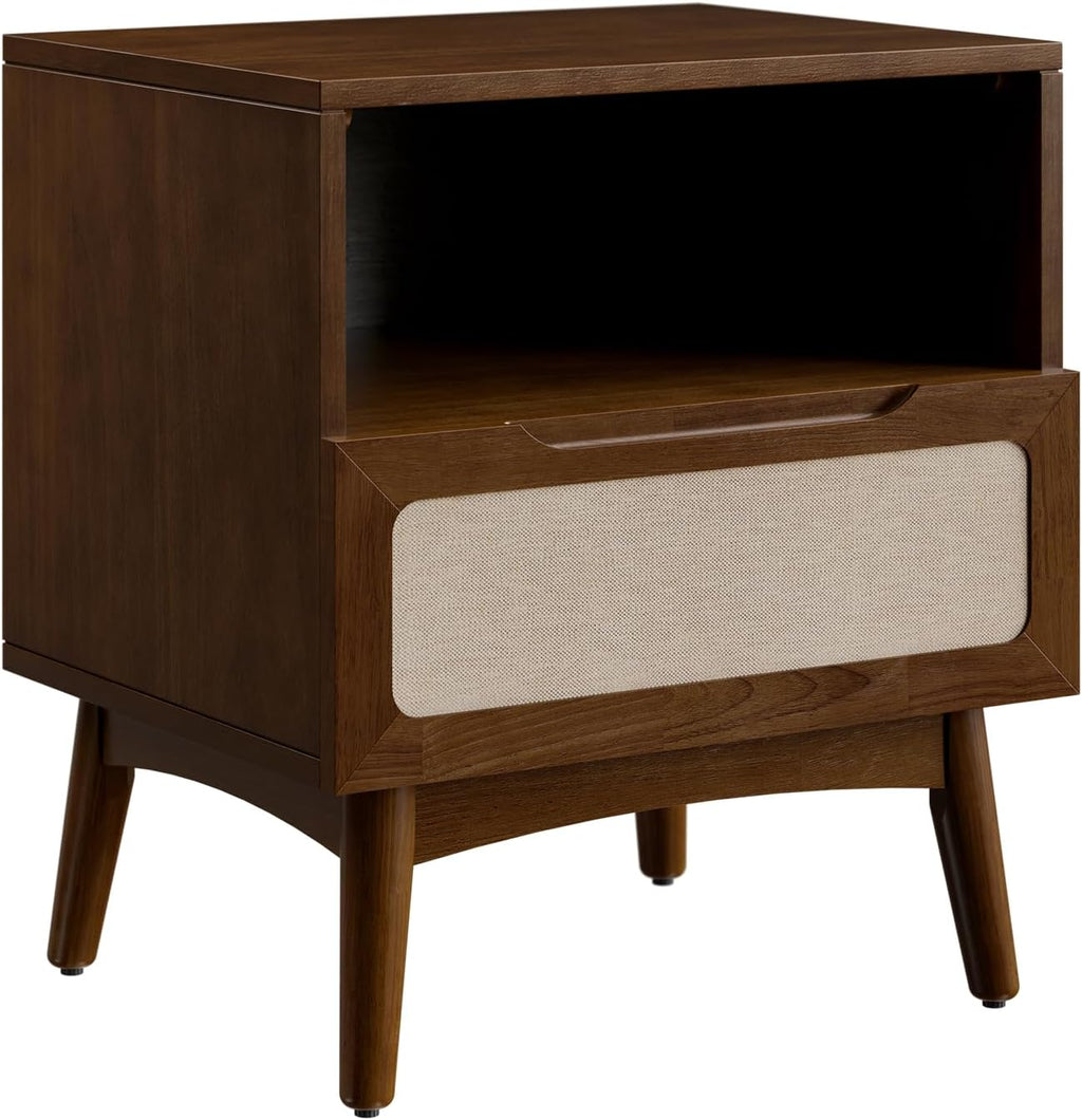Bme Calista Nightstand 1 Drawer – Solid Wood Chestnut Finish Bedside Table with Open Shelf & Fabric Panel Drawer, Mid-Century Modern Style with Tapered Legs, Easy Assembly