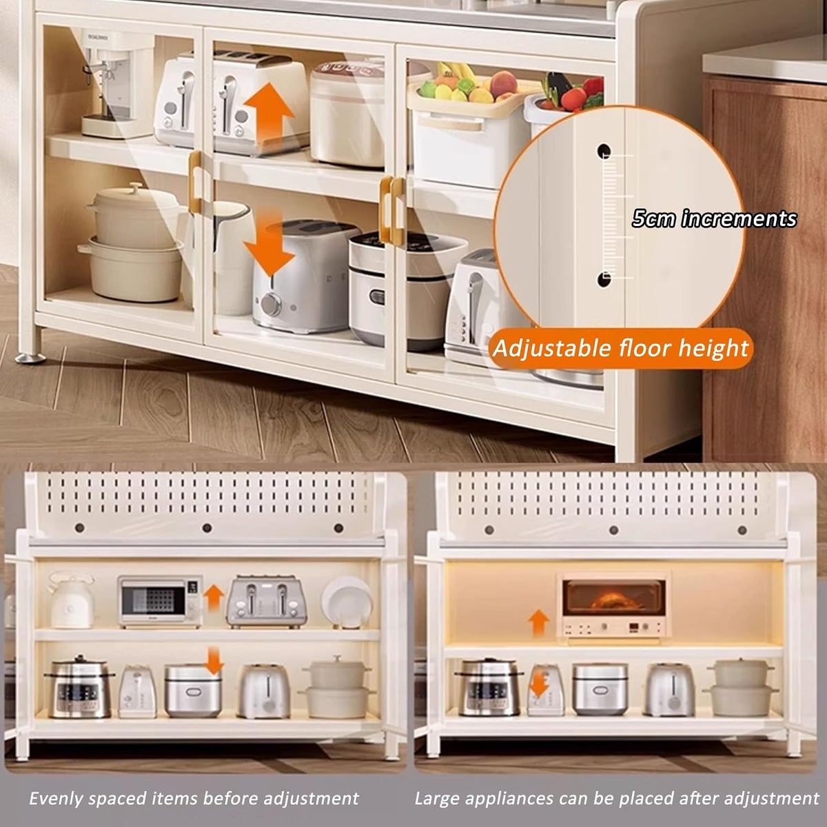 JKGHK Metal Kitchen Pantry Storage Cabinet, Microwave Stand for Kitchens with Pegboard and Adjustable Shelves, Kitchen Bakers Rack for Dining Room, Living Room(White,40x50in)