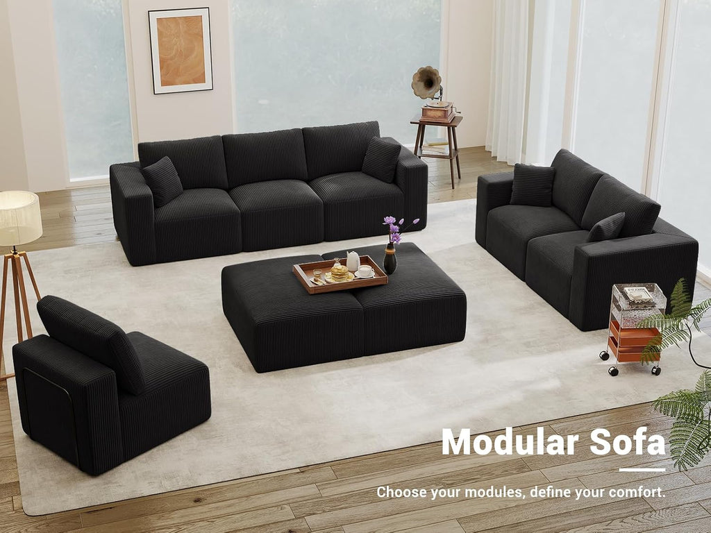 Modular Sleeper Sofa Couch Modern Sectional Couches for Living Room - 79" L-Shaped Cloud Couch - Easy Assembly Corduroy Convertible Sponge Compression Sofas with Chaise for Home House(Black)