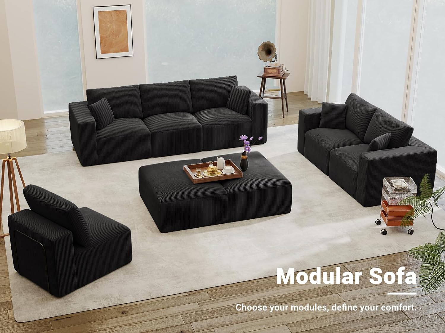 Modular Sleeper Sofa Couch Modern Sectional Couches for Living Room - 79" L-Shaped Cloud Couch - Easy Assembly Corduroy Convertible Sponge Compression Sofas with Chaise for Home House(Black)