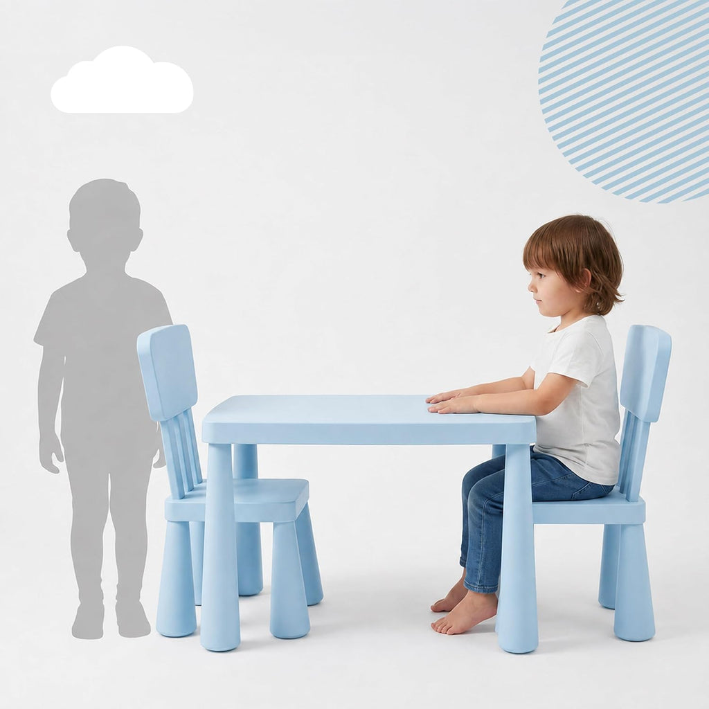 Relaxdays Children's Furniture Set, 1 Children's Table, 2 Chairs, Wipe-Clean, Lightweight Plastic, Seating Corner for Children's Room, Blue