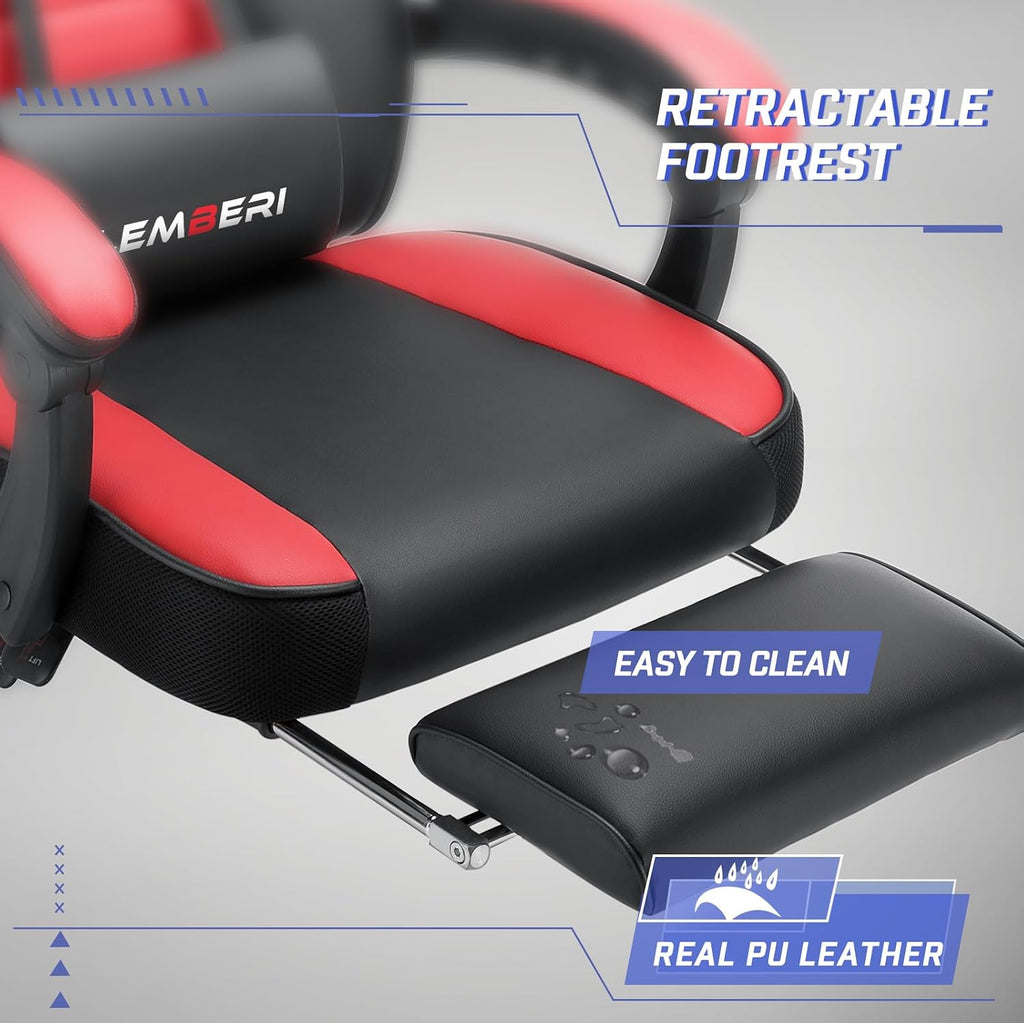 LEMBERI Big and Tall Gaming Chair, 400lb Capacity, Red | Heavy-duty steel frame, wide seat & high back, PU leather, reinforced footrest, linkage armrests for PC desk & office