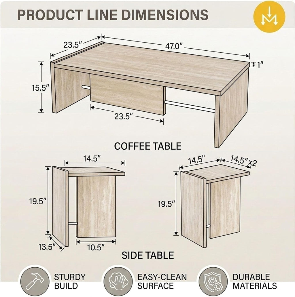 Modern Faux Travertine Coffee Table and End Tables Set of 2, Minimalist Living Room Tables Set with Chrome Support, Beige Stone Pattern Center Table and Side Table for Living Room, Bedroom