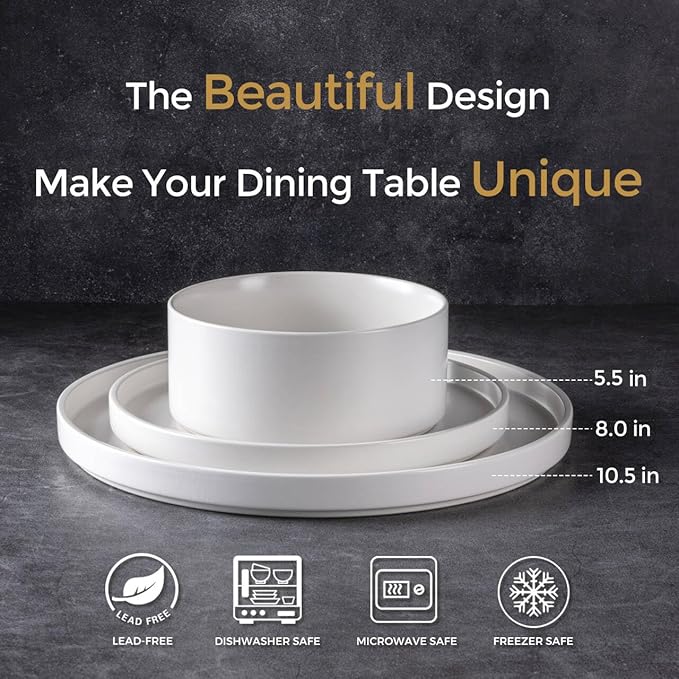 GBHOME Ceramic Dinnerware Sets for 8, Stoneware Plates and Bowls Sets, Chip and Scratch Resistant Dishes, Dishwasher & Microwave& Oven Safe Dishes sets, Reactive Glaze-White