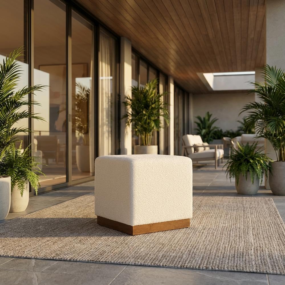 Brown 17" Square Boucle Upholstered Ottoman, Indoor-Outdoor Seating, Plush Fabric, Durable Construction, Versatile Home Decor Accent