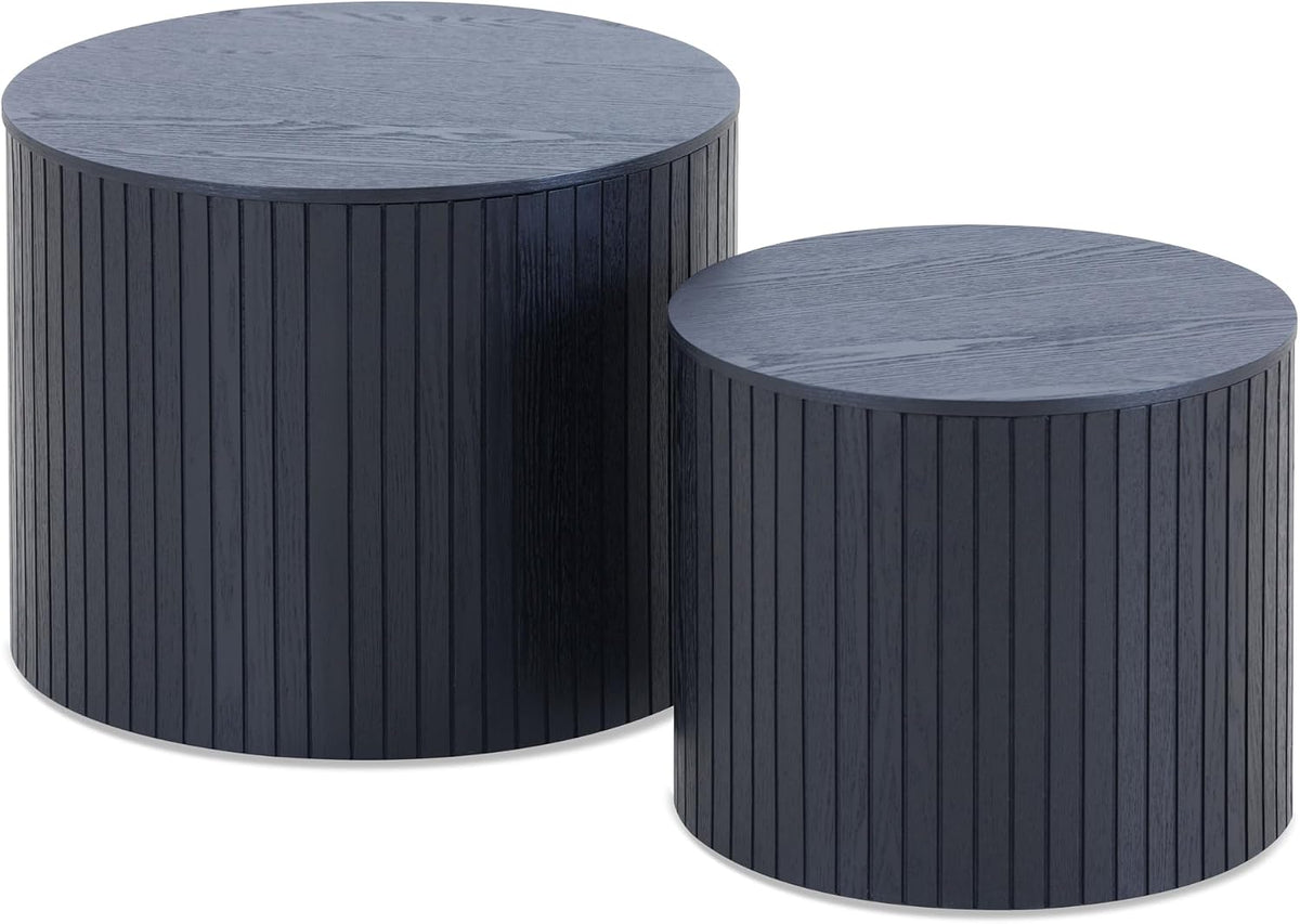 Nesting Coffee Table Set of 2,Modern Round Wooden Coffee Tables with Storage,Luxury Fluted Side Table Accent End Table for Small Space Living Room Apartment (19.17”)