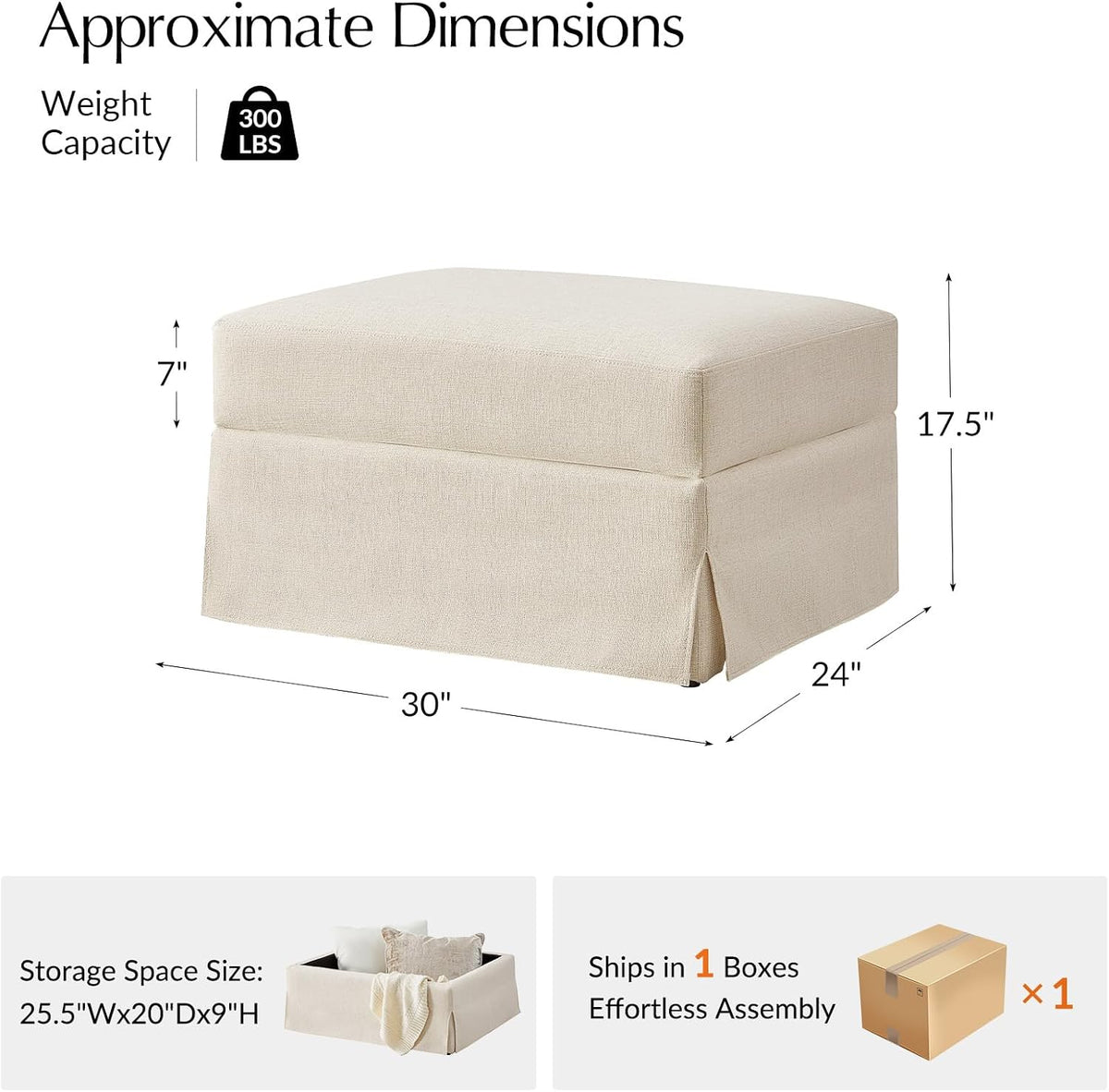 HULALA HOME Storage Ottoman Coffee Table with Lift Top, Farmhouse Linen Upholstered Ottoman with Removable Fabric Cover, 30-Inch Large Coffee Table with Storage for Living Room, Bedroom, Beige