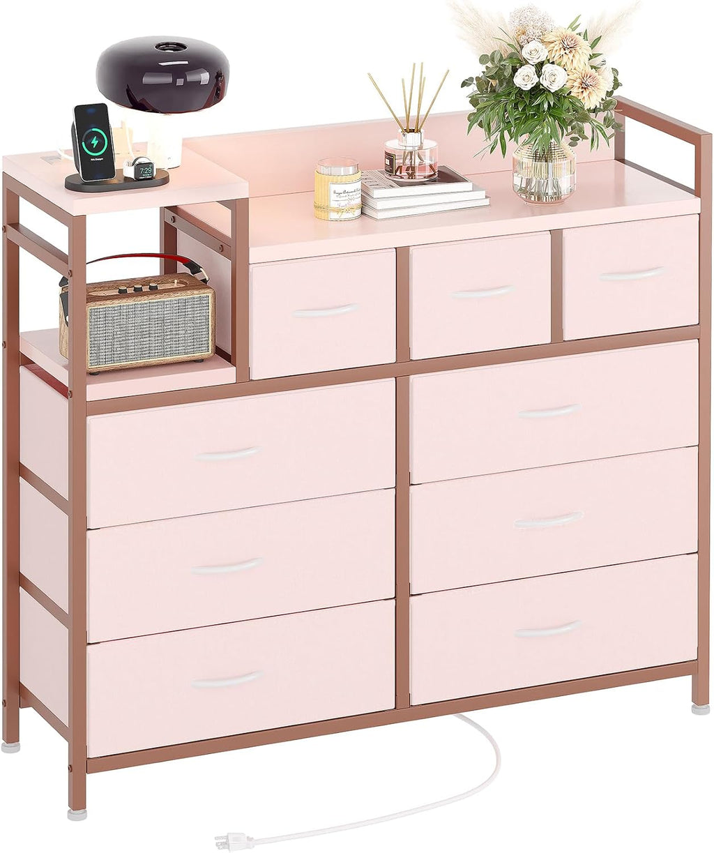 Jojoka TV Stand with Charging Station, Bedroom Dresser for Living Room TV Stand with 9 Drawers, Pink