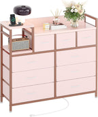 Jojoka TV Stand with Charging Station, Bedroom Dresser for Living Room TV Stand with 9 Drawers, Pink
