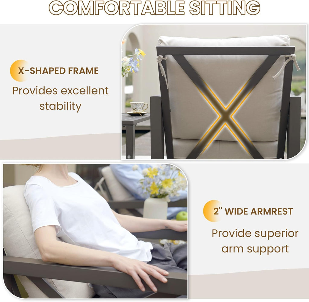 UDPATIO Rocking Chair Outdoor Set 2 with Coffee Table, 3 Piece Metal Rocking Bistro Set with 6.5" Water-Resistant Cushions, Oversized, 350lbs Heavy-Duty, for Porch, Patio, Balcony, Beige