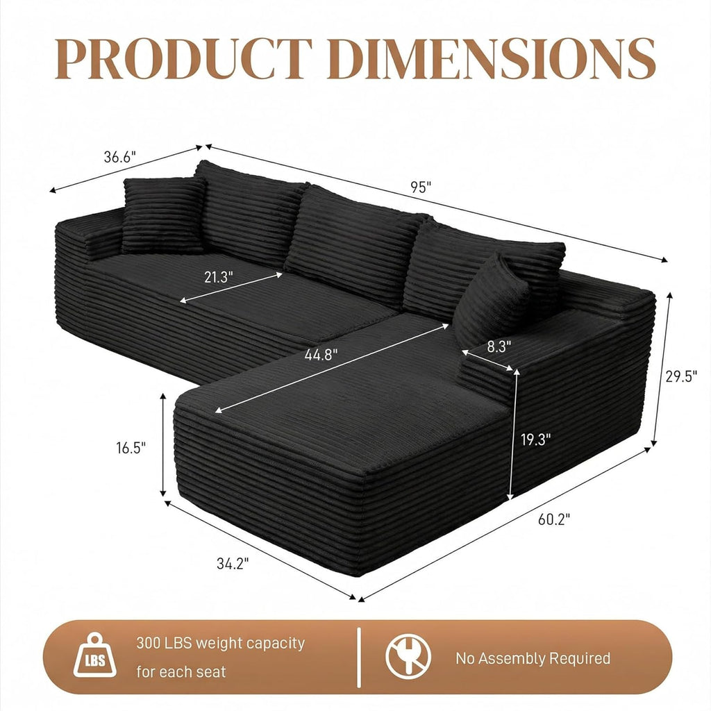 95" L Shaped Cloud Sectional Couches for Living Room, Modern Comfy Modular Deep Seat Memory Foam Compressed Corduroy Sofa Oversized Right Facing Chaise, No Assembly Required, Balck