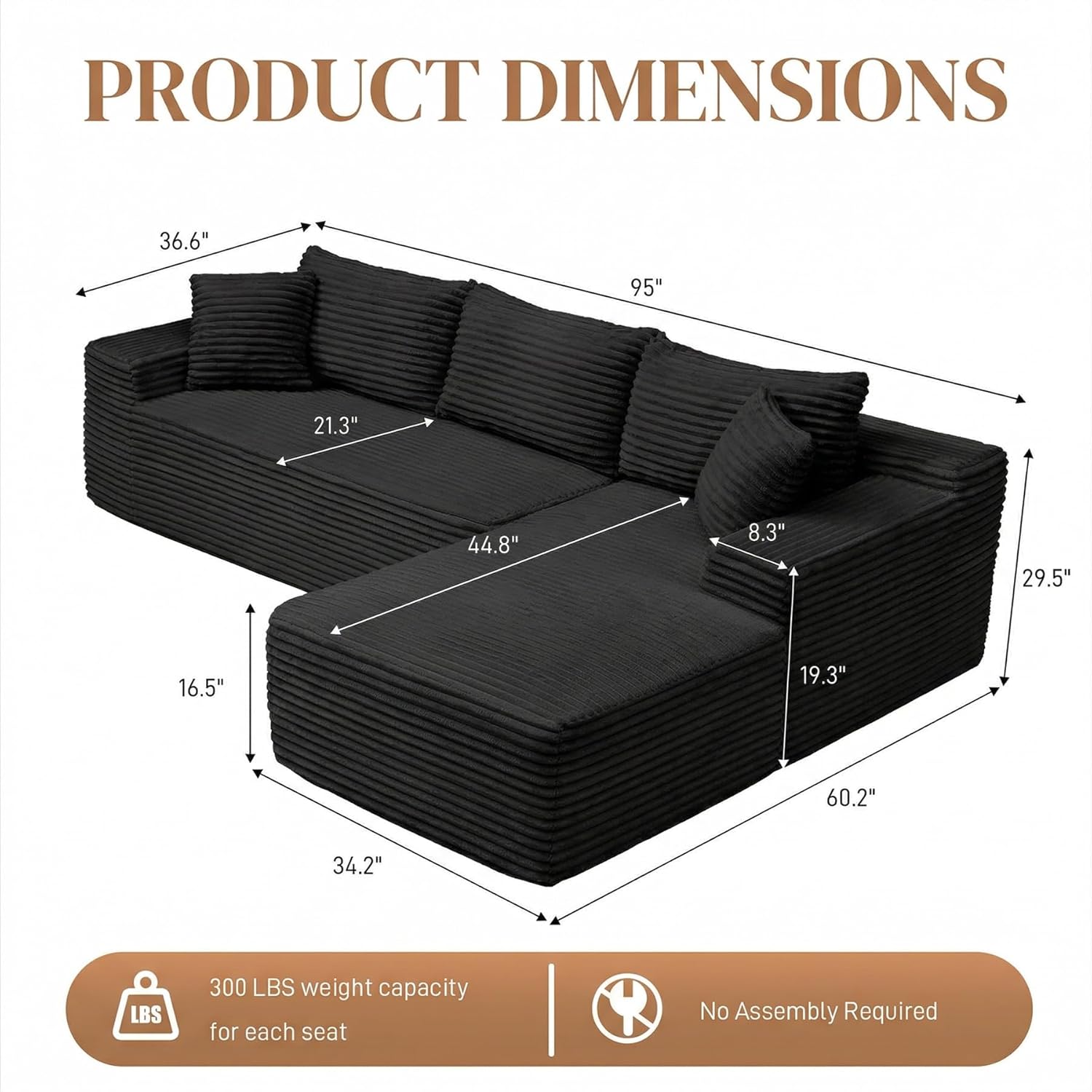 95" L Shaped Cloud Sectional Couches for Living Room, Modern Comfy Modular Deep Seat Memory Foam Compressed Corduroy Sofa Oversized Right Facing Chaise, No Assembly Required, Balck
