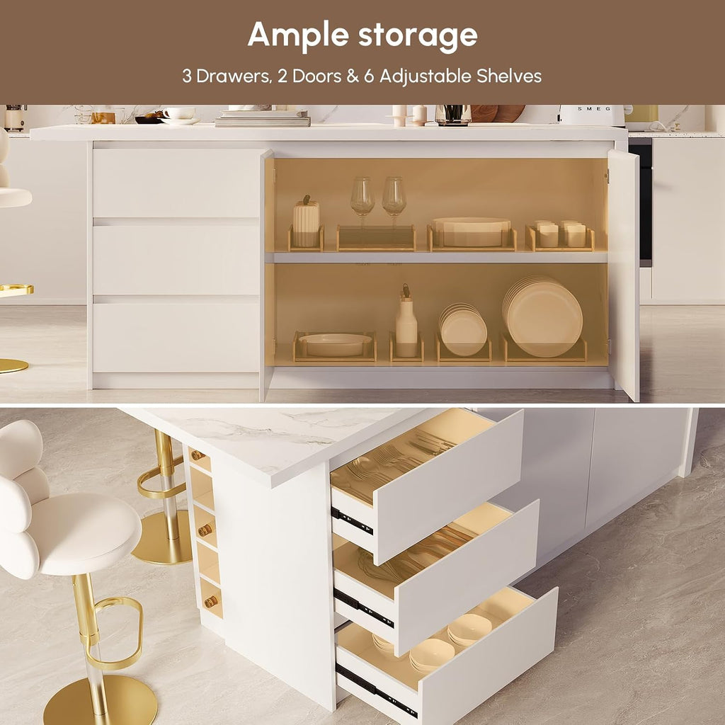 homary Kitchen Island with Storage & Wine Rack, 72" Modern White Kitchen Cabinet with Wood Top, Large Fixed Island with 3 Drawers & 6 Adjustable Shelves, Without Bar Stools