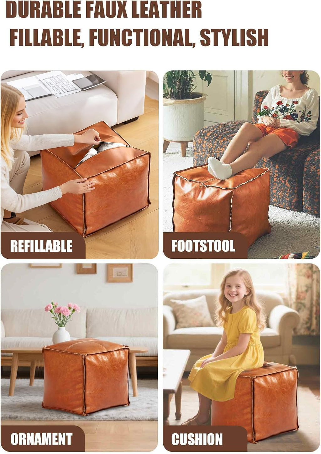 Unstuffed Faux Leather Square Pouf Ottoman Cover, Brown | DIY fillable cover with zipper, waterproof faux leather, reinforced seams, 17.7" × 17.7" × 15.7" when filled, no filler
