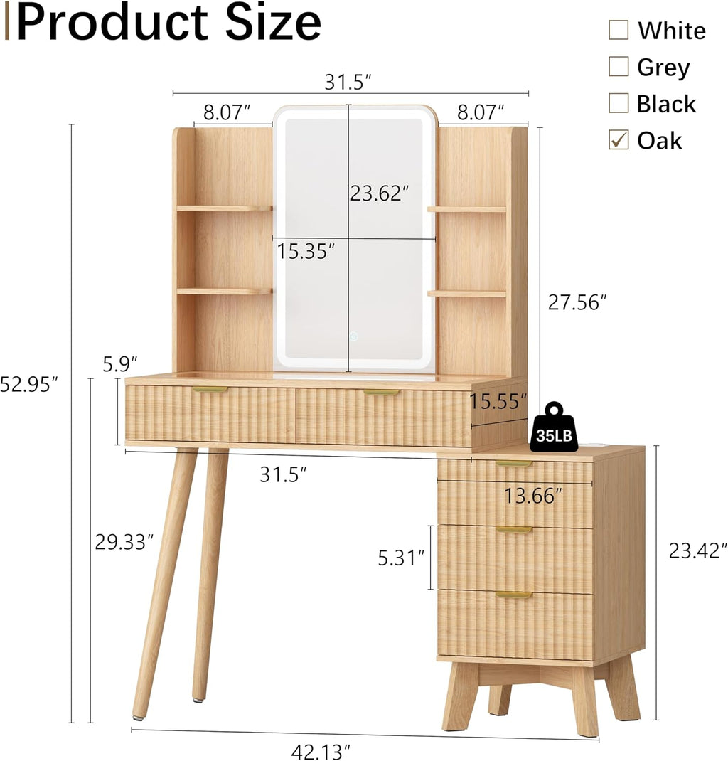 Fluted Makeup Vanity Desk with Mirror and Lights, 42" Modern White Dressing Table for Small Spaces, White Vanity with 5 Drawers & Power Strip, Solid Wood Legs, 3 Lighting Modes for Bedroom