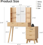 Fluted Makeup Vanity Desk with Mirror and Lights, 42" Modern White Dressing Table for Small Spaces, White Vanity with 5 Drawers & Power Strip, Solid Wood Legs, 3 Lighting Modes for Bedroom