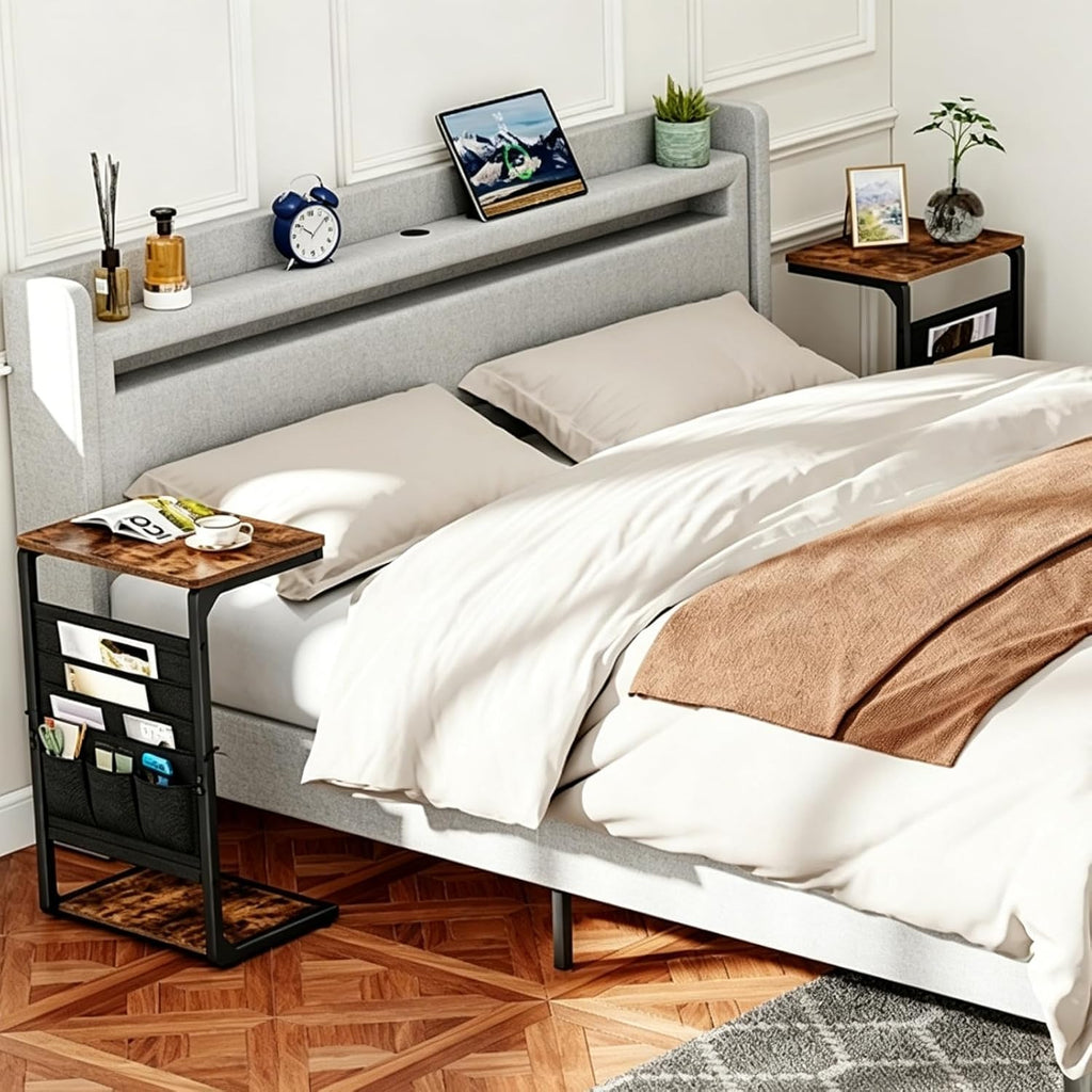 Wood Pedestal TV Trays for Eating on Couch, C Shaped End Table for Couch Side Tables that Slide Under, Sofa Arm Recliner Chair Dinner Table, Small TV Tray Over the Couches Stand, Living Room ET-P-BRW1