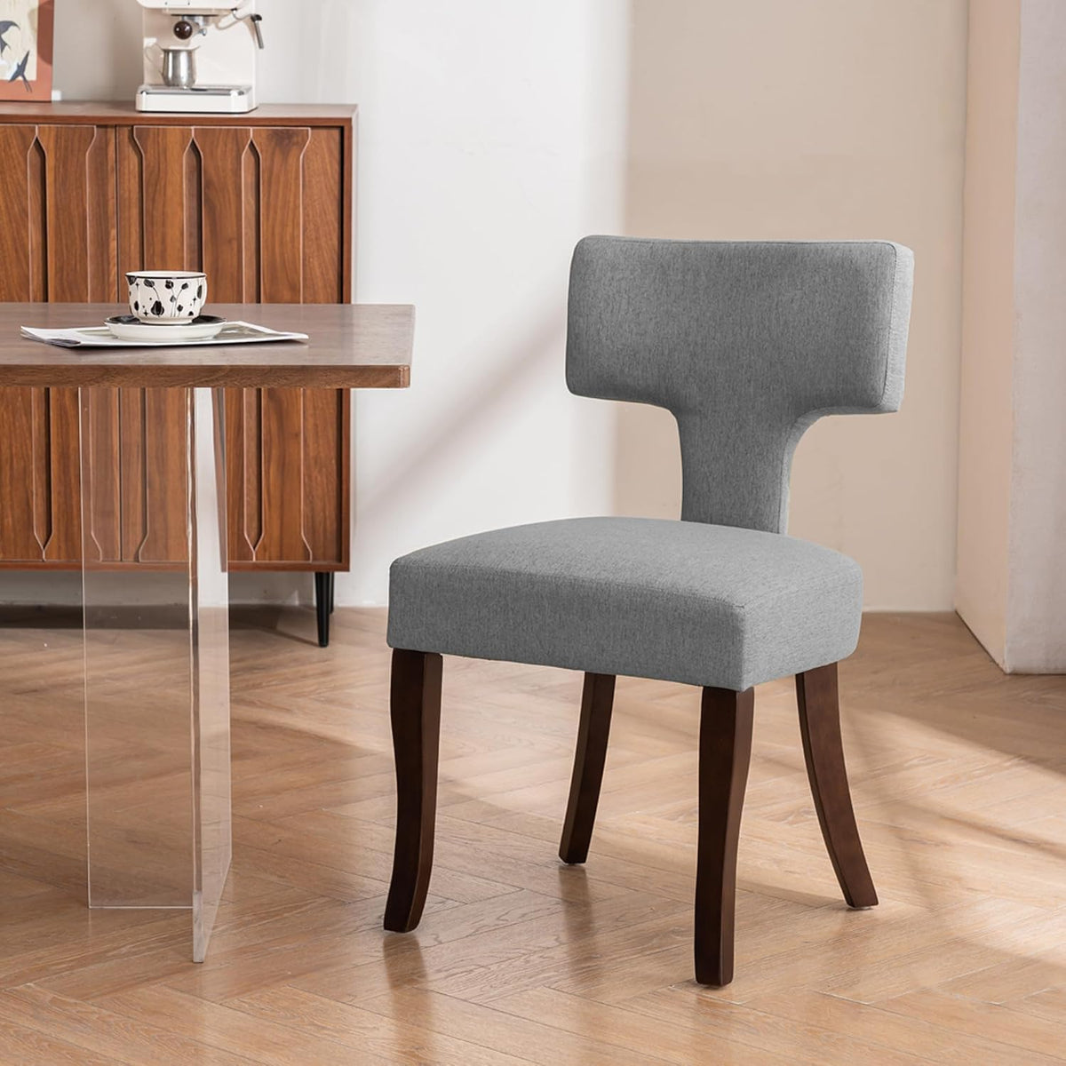 Mid Century Modern Dining Chairs Set of 2, Upholstered Side Dining Chairs with Curved Back Linen Fabric Armless Wood Chairs Kitchen & Dining Room Farmhouse Chairs (Gray)