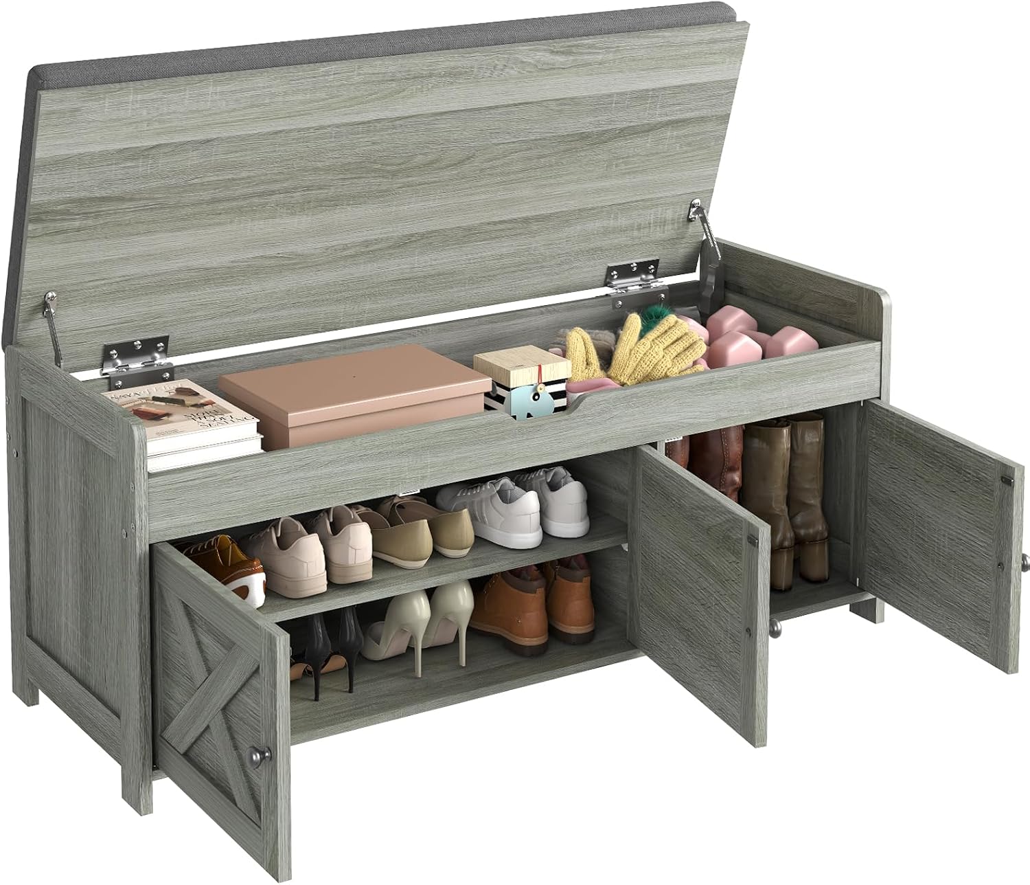 Pipishell Shoe Storage Bench, 2-Tier Shoe Bench with Cushioned Seat, Entryway Bench with Adjustable Shelf & Barn Doors, 300 lbs Capacity, 39.4" x 15" x 18", for Entryway, Bedroom, Living Room, Gray