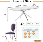 Luxury 7-Piece Dining Room Set, 70 Inch Silver Large Kitchen Table with Oval Velvet Chair, for 4-6 People, Living Room, Kitchen, Home (White Top + 6 Grey Chairs)
