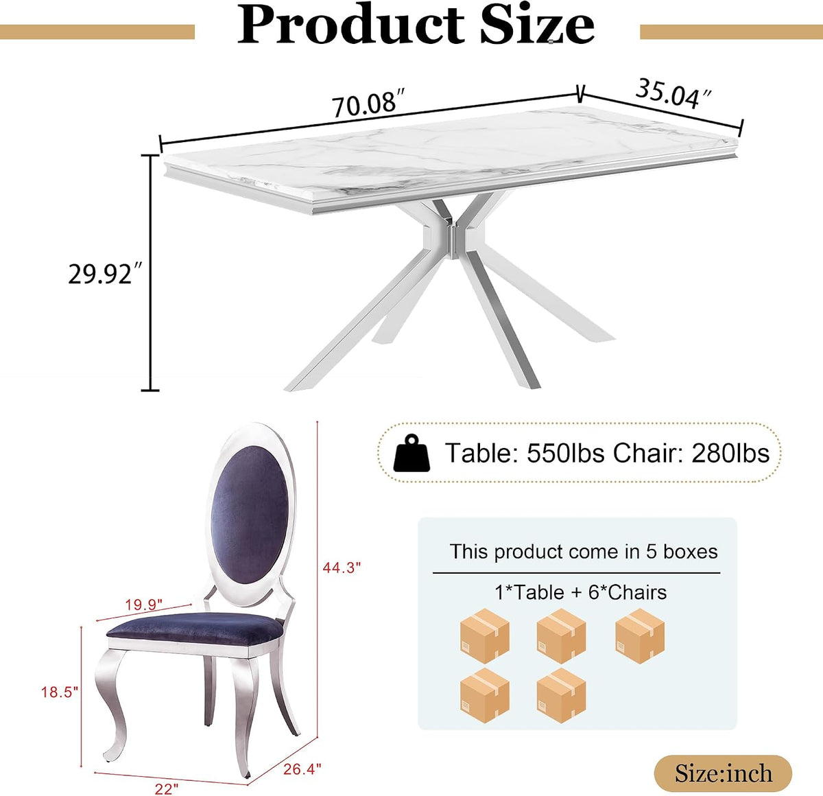 Luxury 7-Piece Dining Room Set, 70 Inch Silver Large Kitchen Table with Oval Velvet Chair, for 4-6 People, Living Room, Kitchen, Home (White Top + 6 Grey Chairs)