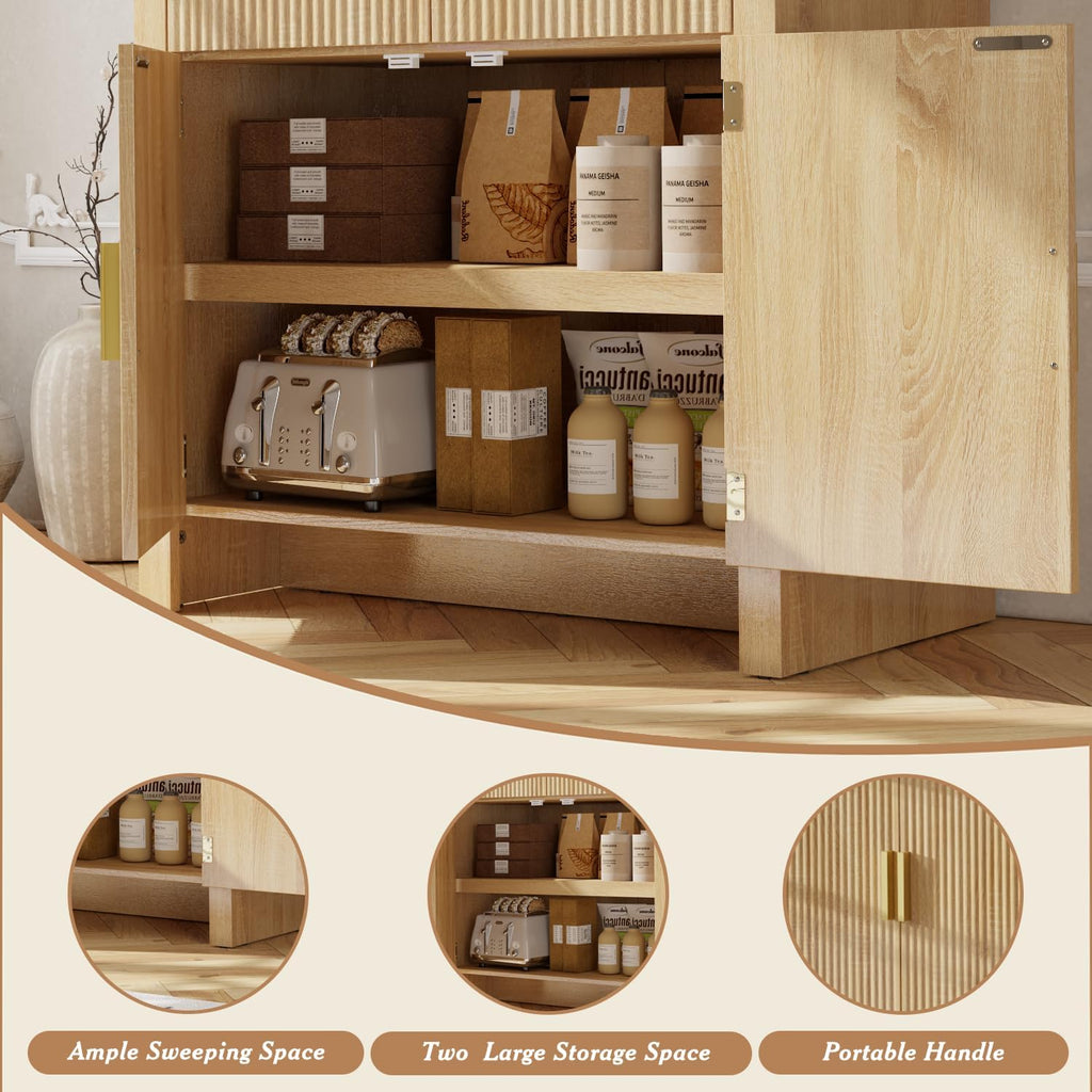 OFIKA 71" Arched Kitchen Pantry Cabinet, Fluted Wood Storage with 3 Shelves | 3 Adjustable Shelves & 6 Door Shelves, Modern Organizer for Kitchen & Bathroom, Natural Wood Finish, Sturdy Fluted Design