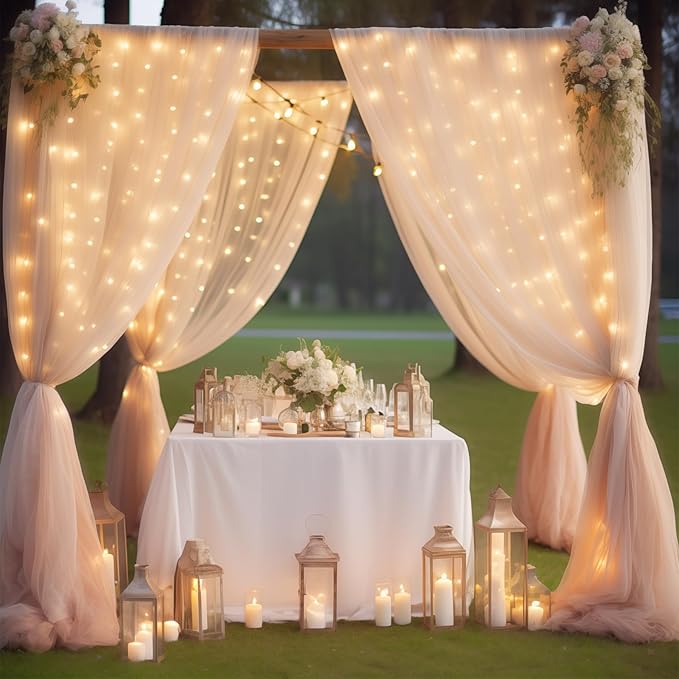 30×10ft Champagne Tulle Backdrop Curtain with Lights String for Parites, Sheer Photo Backdrop Curtains for Wedding Party Photography Background