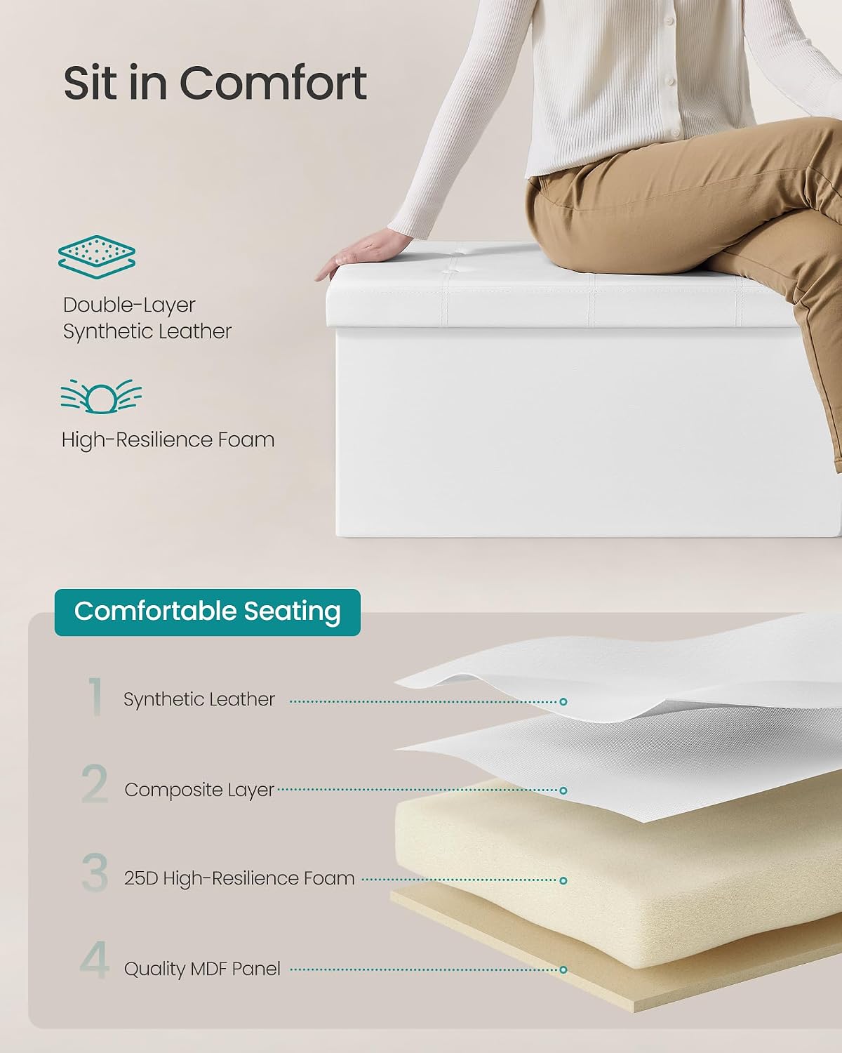 SONGMICS Storage Ottoman Bench, 43.3 Inches Folding Foot Rest Stool | PU Leather, Easy Assembly, for Living Room, Bedroom, Entryway, Cream White, MINOTA Collection ULSF702
