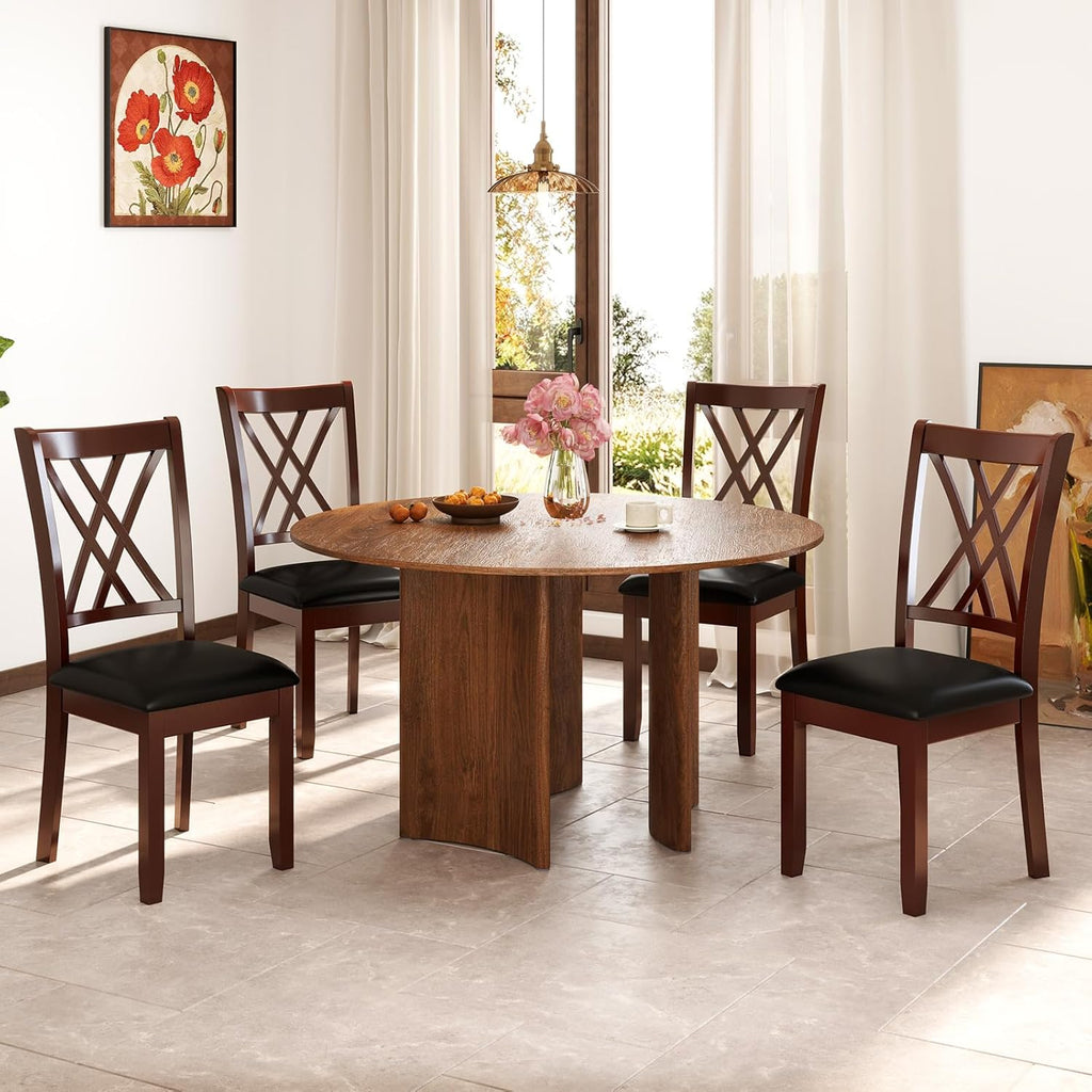 COSTWAY Set of 4 Dining Chairs, Wooden Kitchen Side Chair with PU Leather Padded Seat, Rubber Wood Frame & High Back, Farmhouse Dining Room Chairs for Home & Restaurant, Walnut