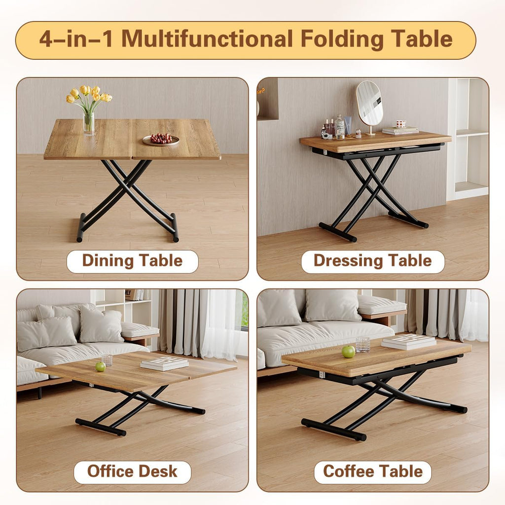 4 in 1 Adjustable Folding Dining Table, Drop Leaf Coffee Table for Small Spaces, Converts to Dining Table, Scratch-Resistant Wood Grain Top with Metal Frame for Breakfast Nook kitchen living Room