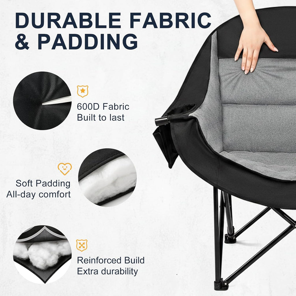 Oversized Camping Chairs for Adult - Heavy Duty Padded Portable Folding Chair XL Collapsible Camp Chair with Cup Holder Side Pocket for Outdoor Lawn Beach Sport Fishing Support 500LBS, Grey
