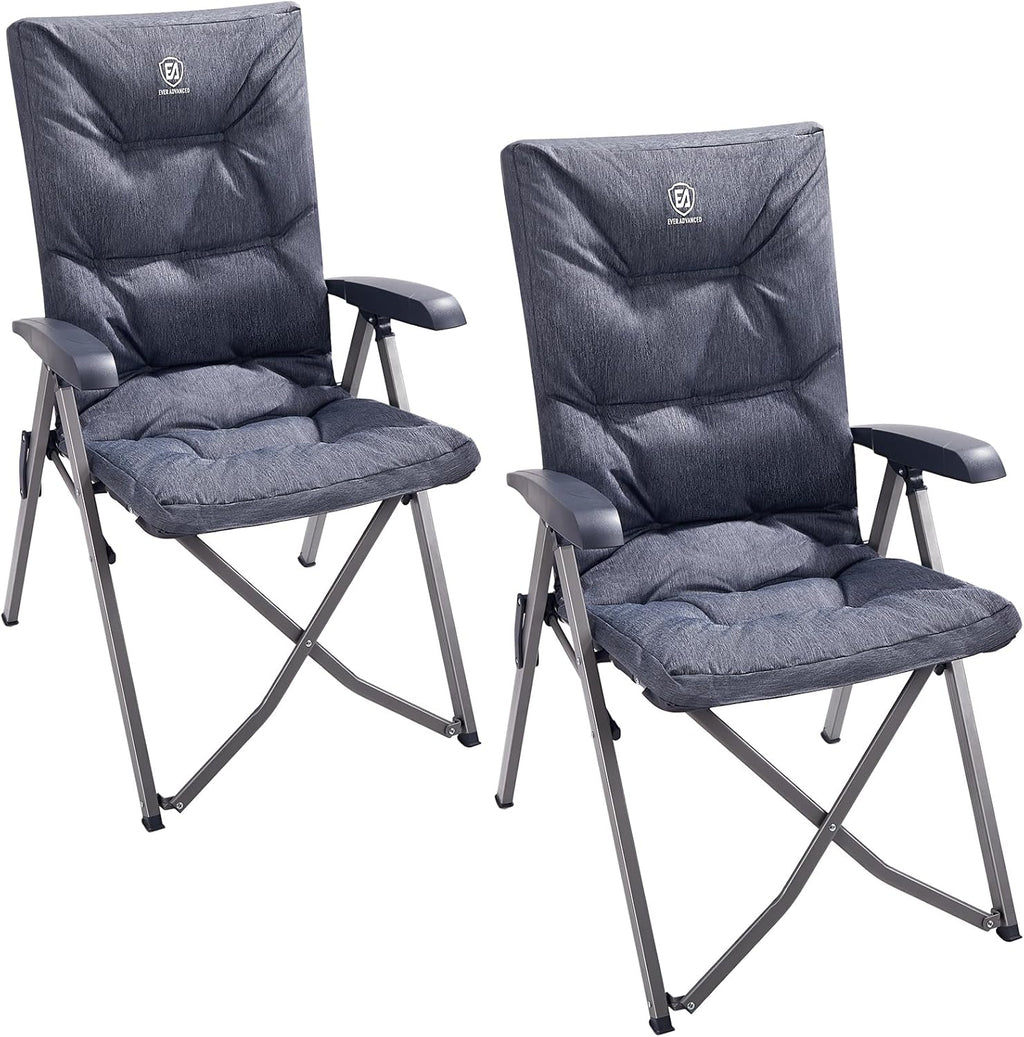 EVER ADVANCED Luxury Camping Chairs 2 Set for Adults Heavy Duty High Back Oversized Folding Garden Chair Comfy Padded Loadable 330LBS Adjustable Dining Chairs 4-Position Recliner Chair Grey