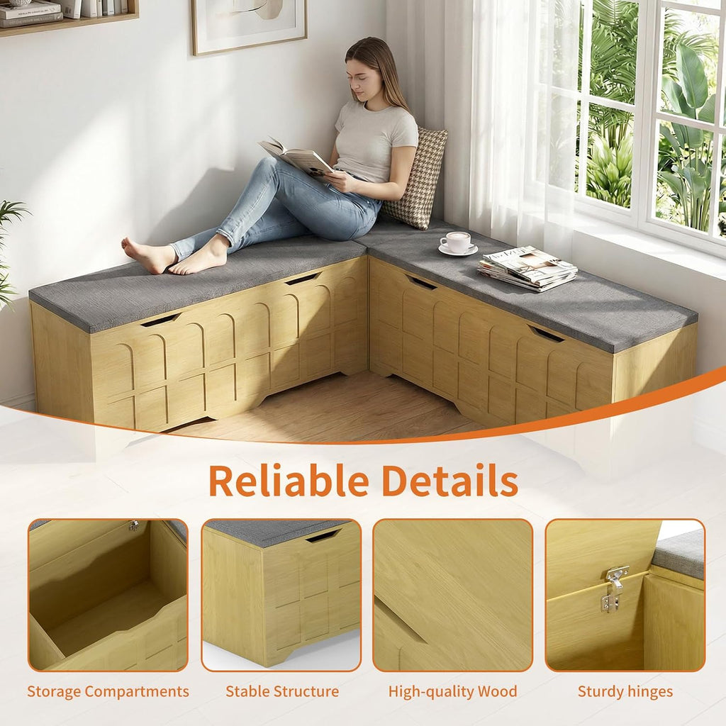 Zevemomo 63" L Shaped Storage Bench with Cushion, Kitchen Breakfast Nook Benches, Wood Storage Bench with Storage for Dining Room, Kitchen, Entryway(Natural)
