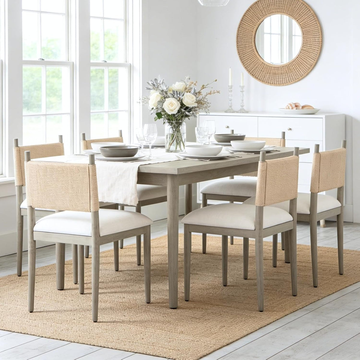 chairus Boho Coastal Dining Chairs Set of 2, Linen Upholstered Dining Room Chairs with Woven Rope Back, Modern Farmhouse Kitchen Side Chairs, Weathered Gray Wood