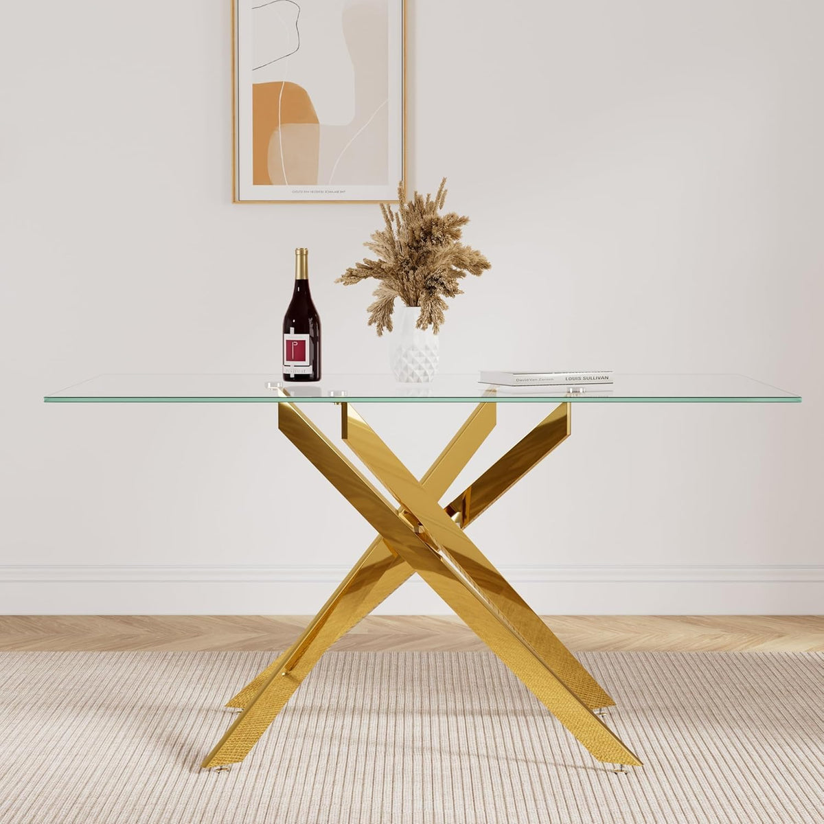 Glass Dining Table for 4-6, Contemporary Rectangular Dining Room Table with Tempered Glass Top & Gold Finish Metal Legs, Modern Elegant Dining Table for Home Kitchen