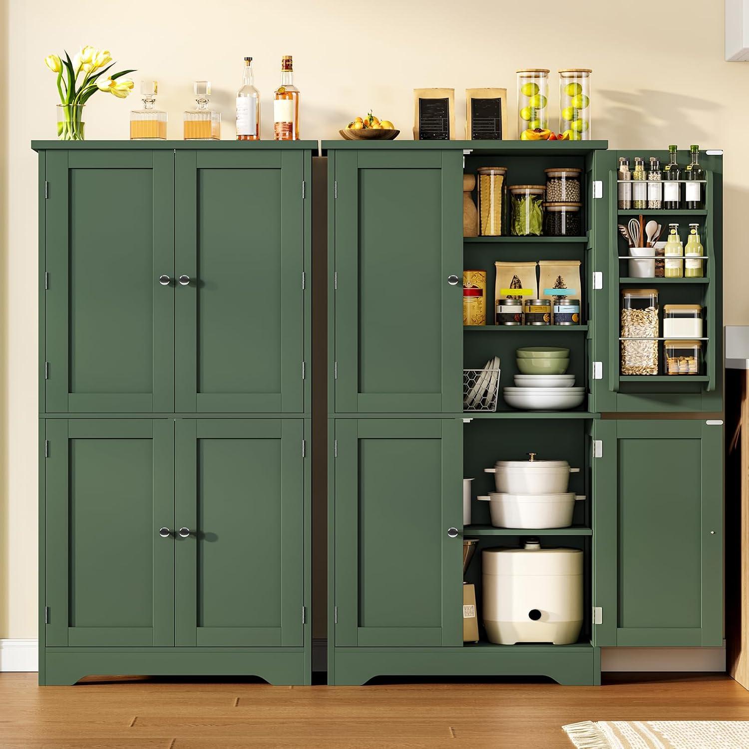 TEENFON 51" H Pantry Cabinet with 4 Doors, Kitchen Cabinet with 6 Door Shelves, Kitchen Pantry for Living Room, Dining Room, Bathroom, Green