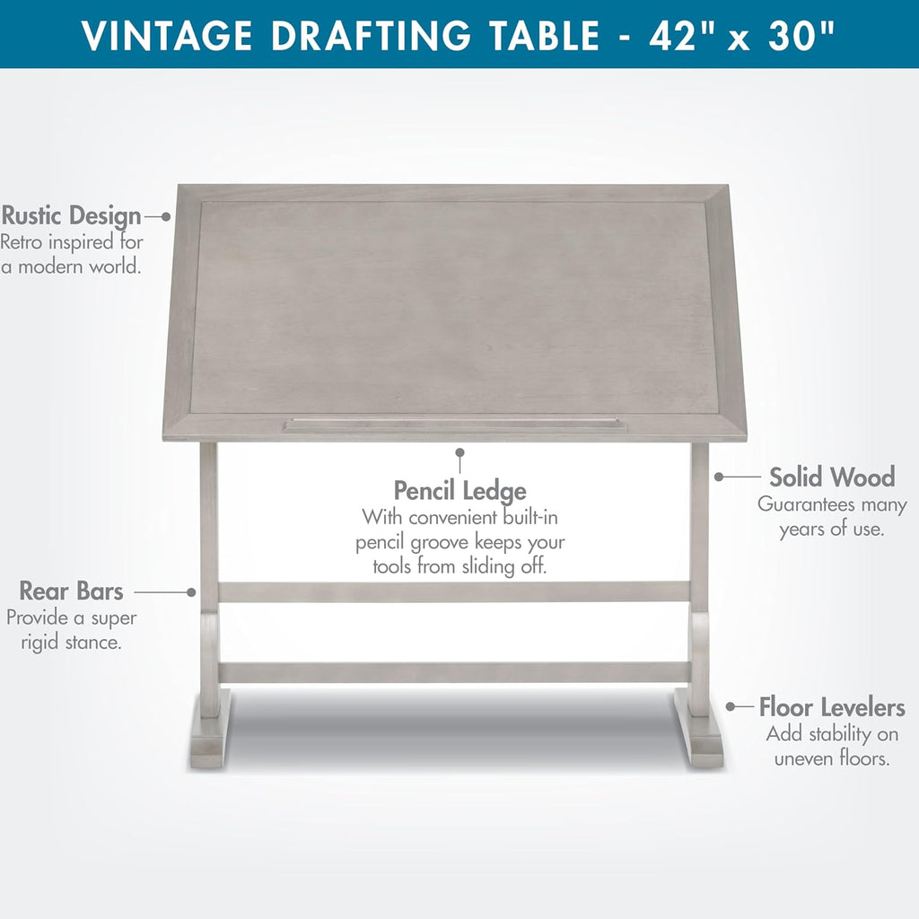 Studio Designs Wood Drawing/Drafting Table with Pencil Ledge - 42" W x 30" D - Whitewash - Tilting Top Adjustable Desk