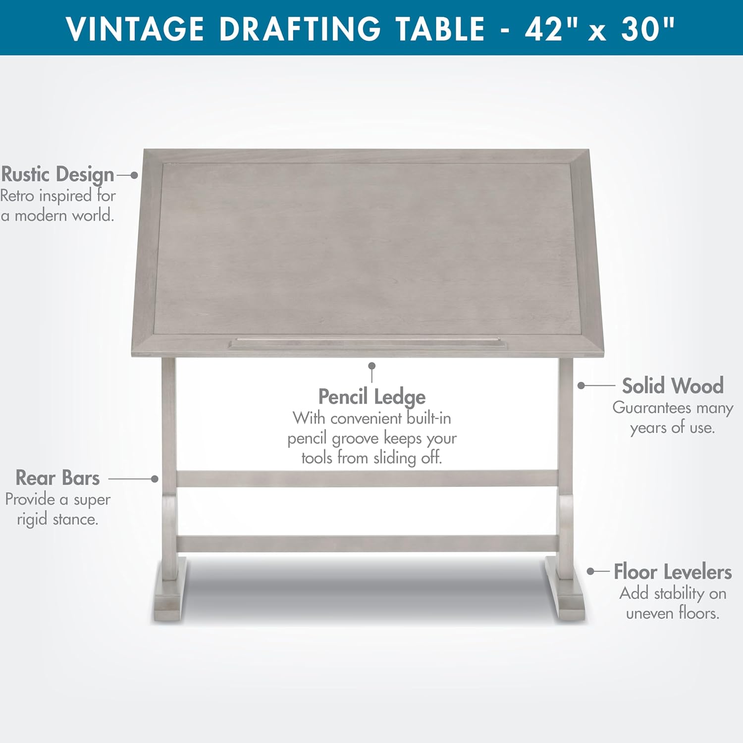 Studio Designs Wood Drawing/Drafting Table with Pencil Ledge - 42" W x 30" D - Whitewash - Tilting Top Adjustable Desk