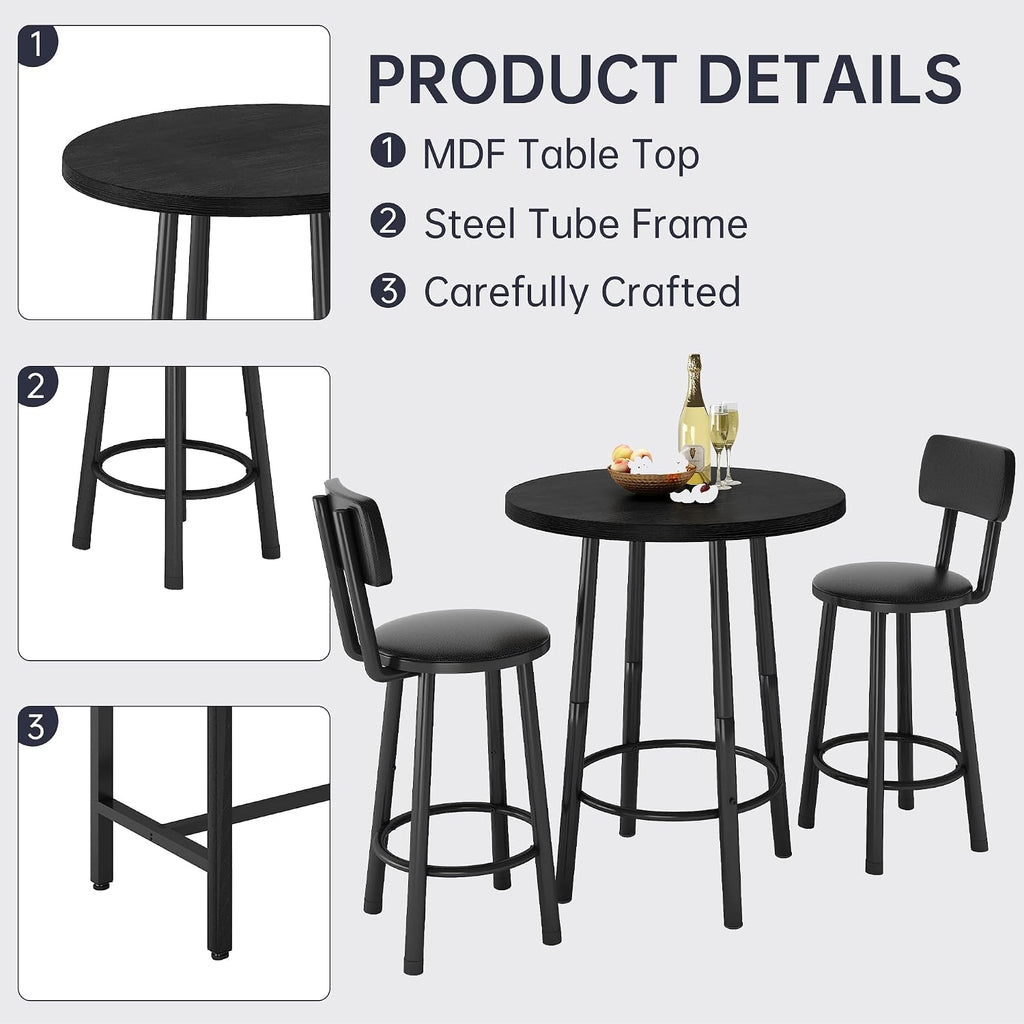 Recaceik 3‑Piece Pub Dining Set, Counter Height Modern Round Bar Table with Wood Top, Pub Table and Stools for 2, Easy Assemble Bistro Set for Breakfast Nook, Living Room, Small Space Restaurant