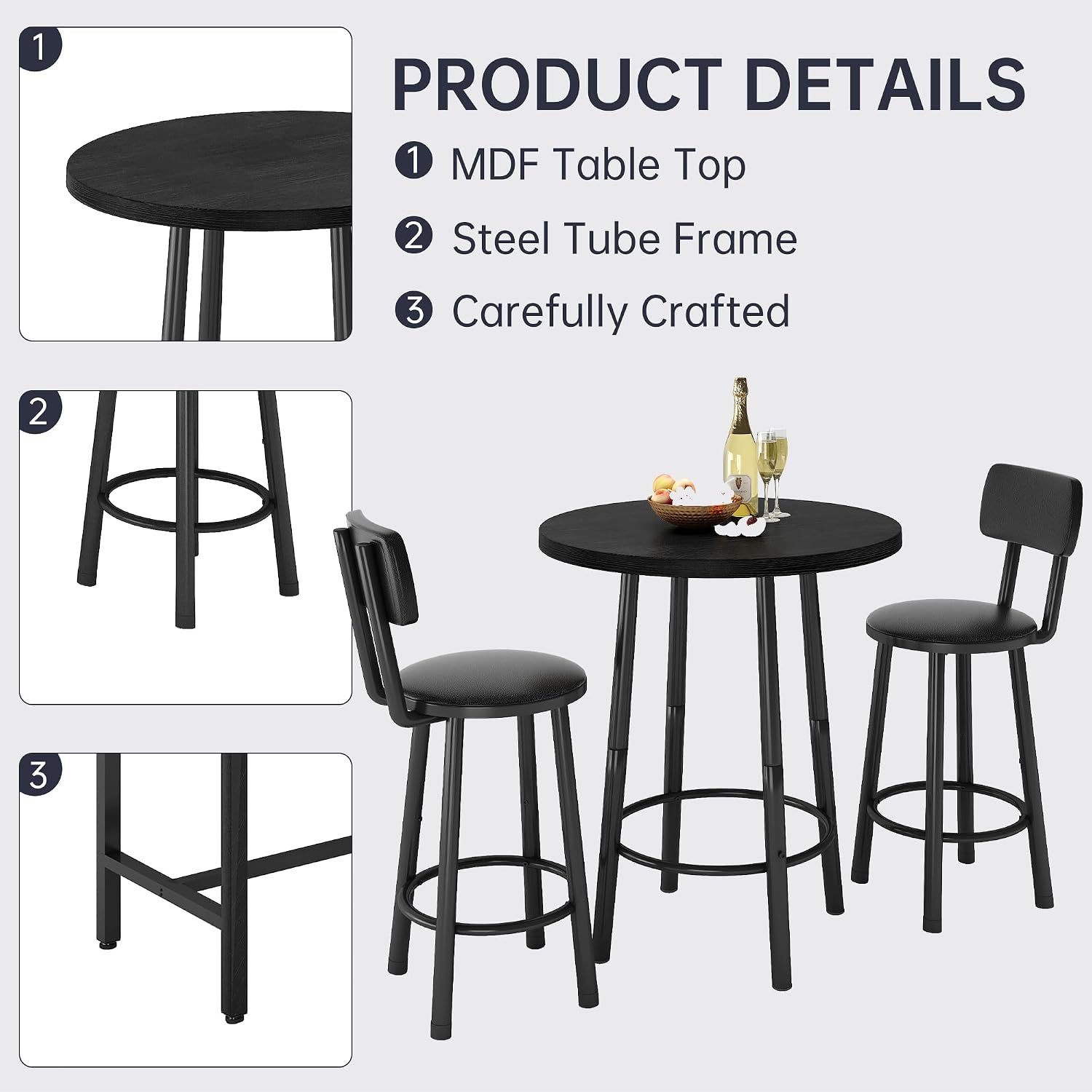 Recaceik 3‑Piece Pub Dining Set, Counter Height Modern Round Bar Table with Wood Top, Pub Table and Stools for 2, Easy Assemble Bistro Set for Breakfast Nook, Living Room, Small Space Restaurant
