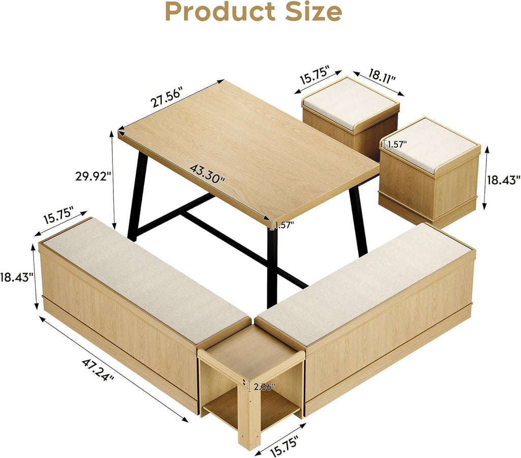 Brafab Corner Dining Table Set, 43 Inch Breakfast Nook Table Set with Bench with Hidden Storage & 2 Ottomans, 5-Piece Corner Bench Dining Table Set, Natural