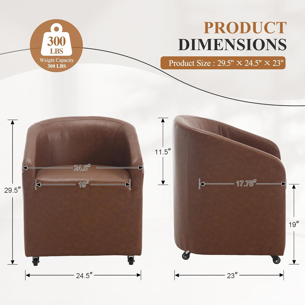CIMOTA Brown PU Leather Barrel Dining Chairs with Wheels, Set of 1 — Modern Upholstered Swivel Dining Room Chairs on Casters for Kitchen, Living Room