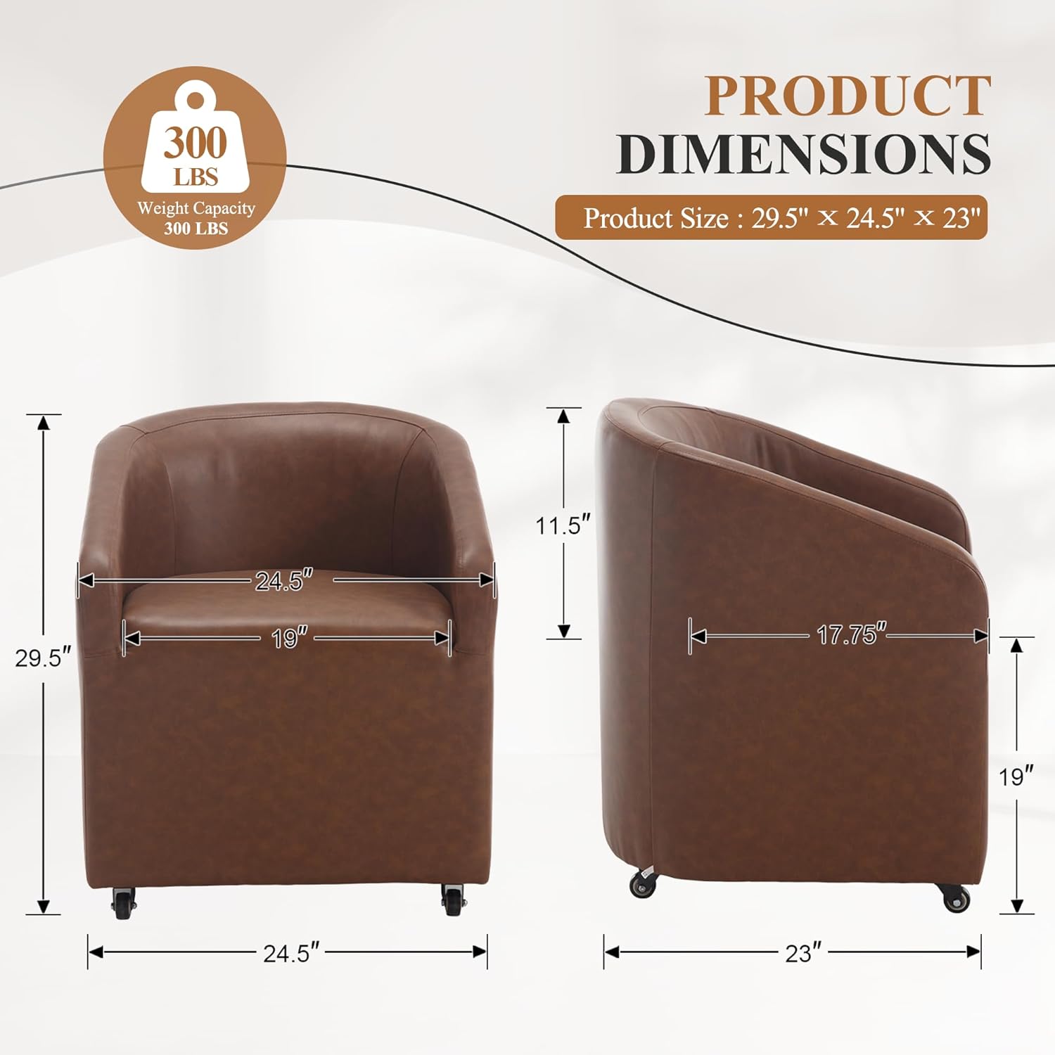 CIMOTA Brown PU Leather Barrel Dining Chairs with Wheels, Set of 1 — Modern Upholstered Swivel Dining Room Chairs on Casters for Kitchen, Living Room