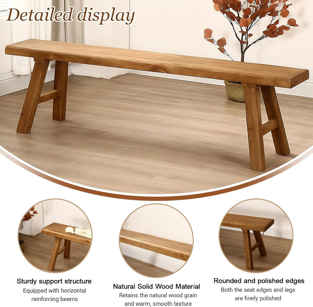 19“ Farmhouse Wooden Living Room Dining Indoor Multifunctional Elm Benches Wood Kitchen Entryway Solid Wood Bench for Hallway 50cm