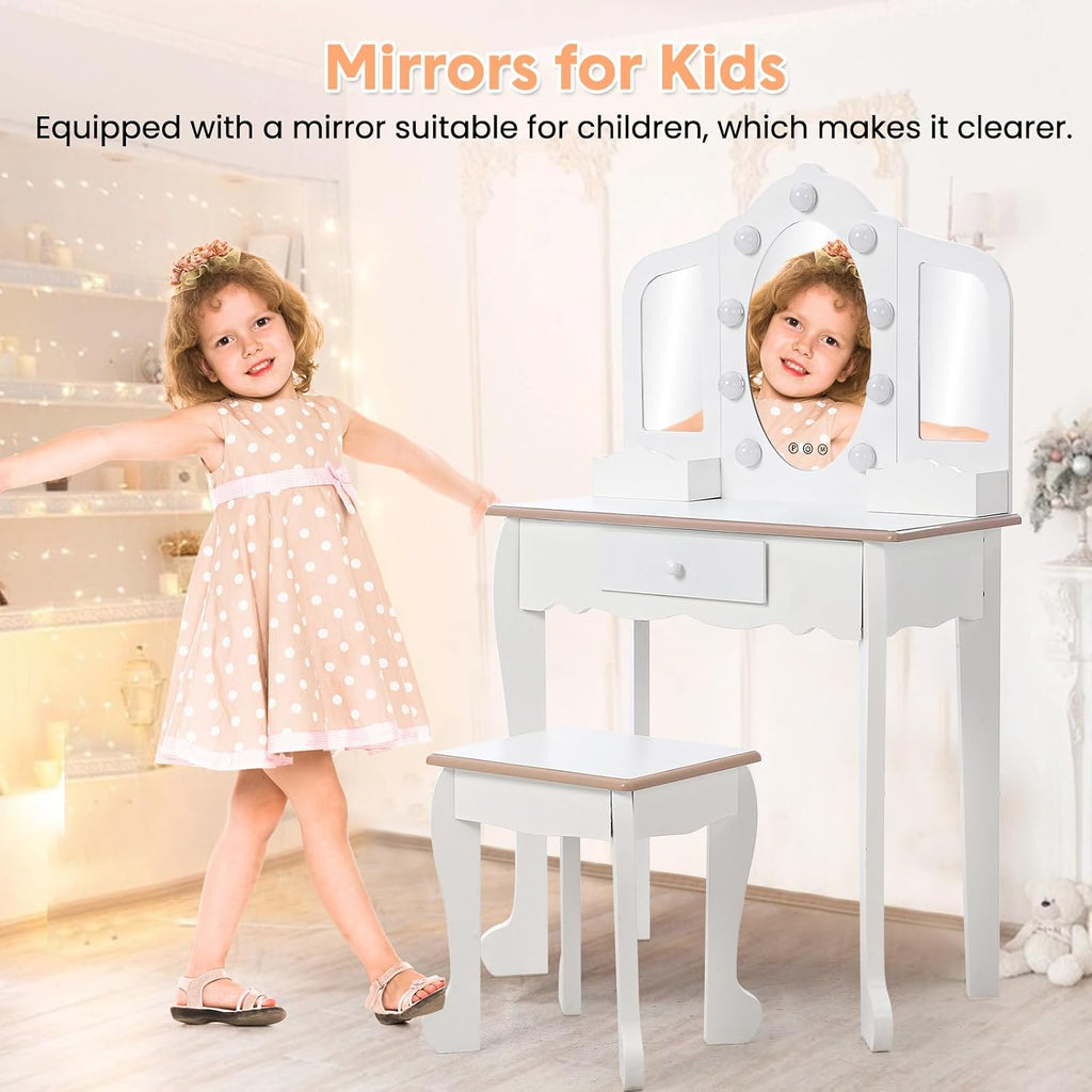 Garvee Kids Vanity with Tri-Fold Lighted Mirror, Stool, & Makeup Playset | Little Girls Vanity Table & Stool, Kids Makeup with Tri-Fold Mirror, Drawer & Storage Grid for 3-9 Yrs Girls, White