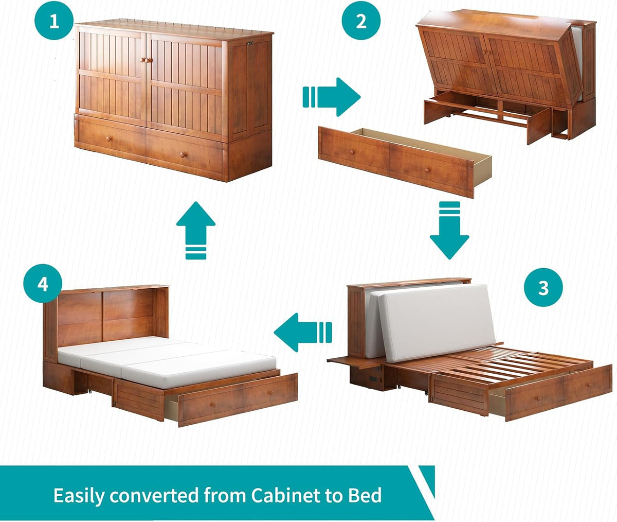 BALUS Murphy Bed, Queen Cabinet Bed with 2 Spacious Storage Drawers-Cherry | USB Charing Station, Spacious Drawer, Space Saving, Queen Bed Frame
