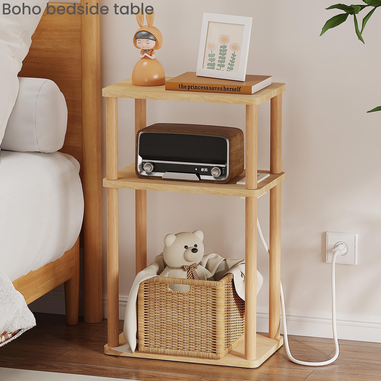LUCKNOCK Solid Wood Side Table with Charging Station, 3-Tier Small End Table with USB Ports and Outlets, Narrow Couch Side Table, Skinny Nightstand Bedside Table for Small Spaces, Bedroom, Living Room