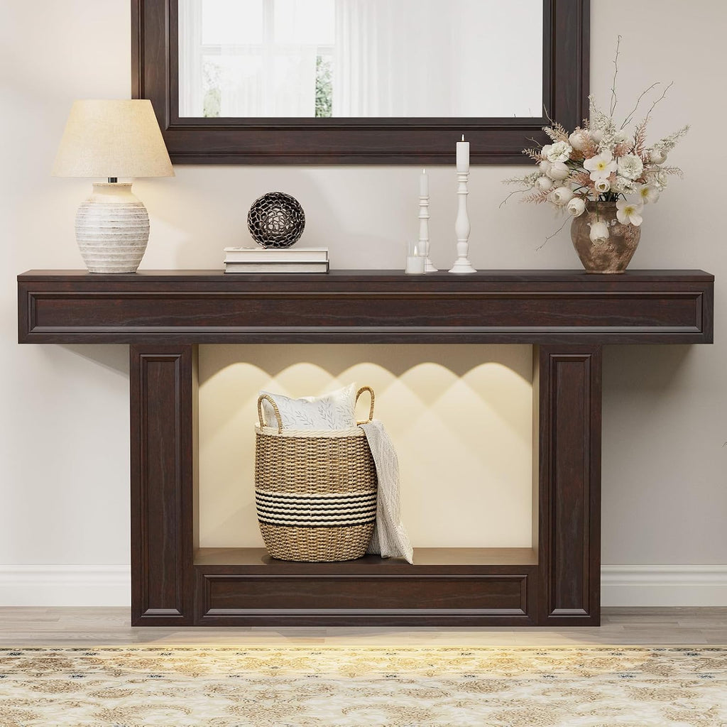 Rresyet 63" 2-Tier Entryway Console Table Behind Sofa with Sensor Lights | 2-Tier Storage Design, Sturdy U-Shape Base, Ideal for Entryway, Living Room, Corridor and Foyer