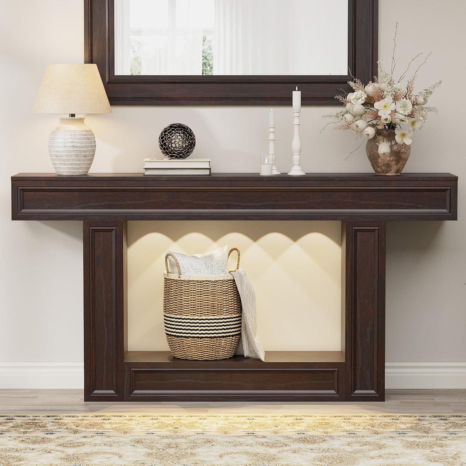 Rresyet 63" 2-Tier Entryway Console Table Behind Sofa with Sensor Lights | 2-Tier Storage Design, Sturdy U-Shape Base, Ideal for Entryway, Living Room, Corridor and Foyer