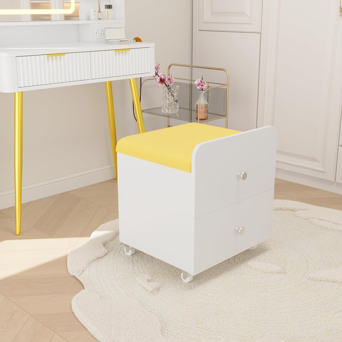 Garvee Vanity Stool Chair with Storage, 17.32" l x 15.16" w x 17.32" h PU Ottoman with Lockable Wheels & Storage Drawer, Modern Multifunctional Chairs for Makeup